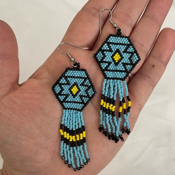 Jewelry - Hand Beaded Turquoise and Yellow Dangle Earrings